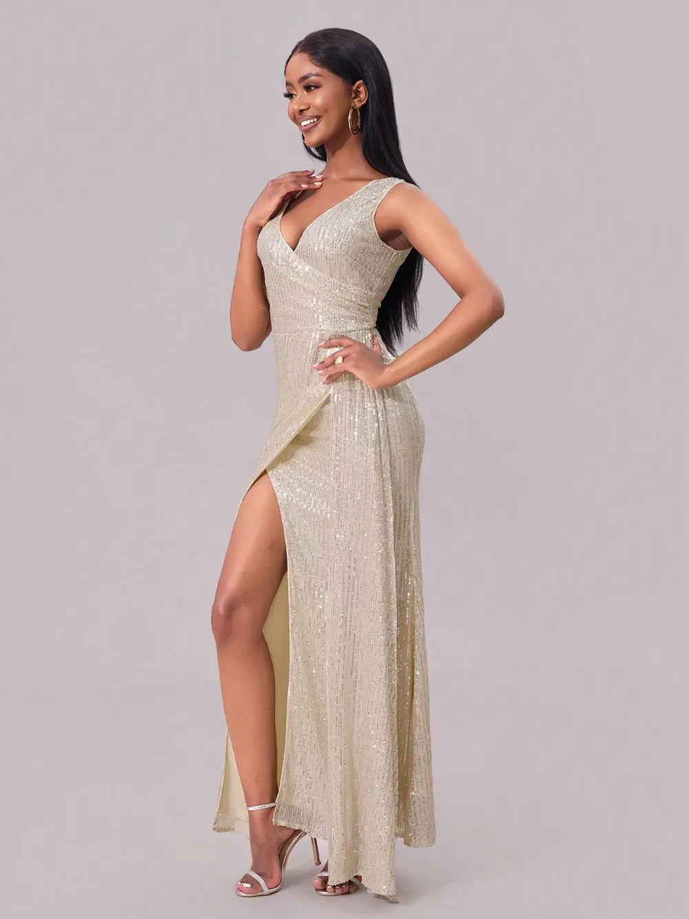 Fashorio Slit Sequin Surplice Sleeveless Maxi Dress