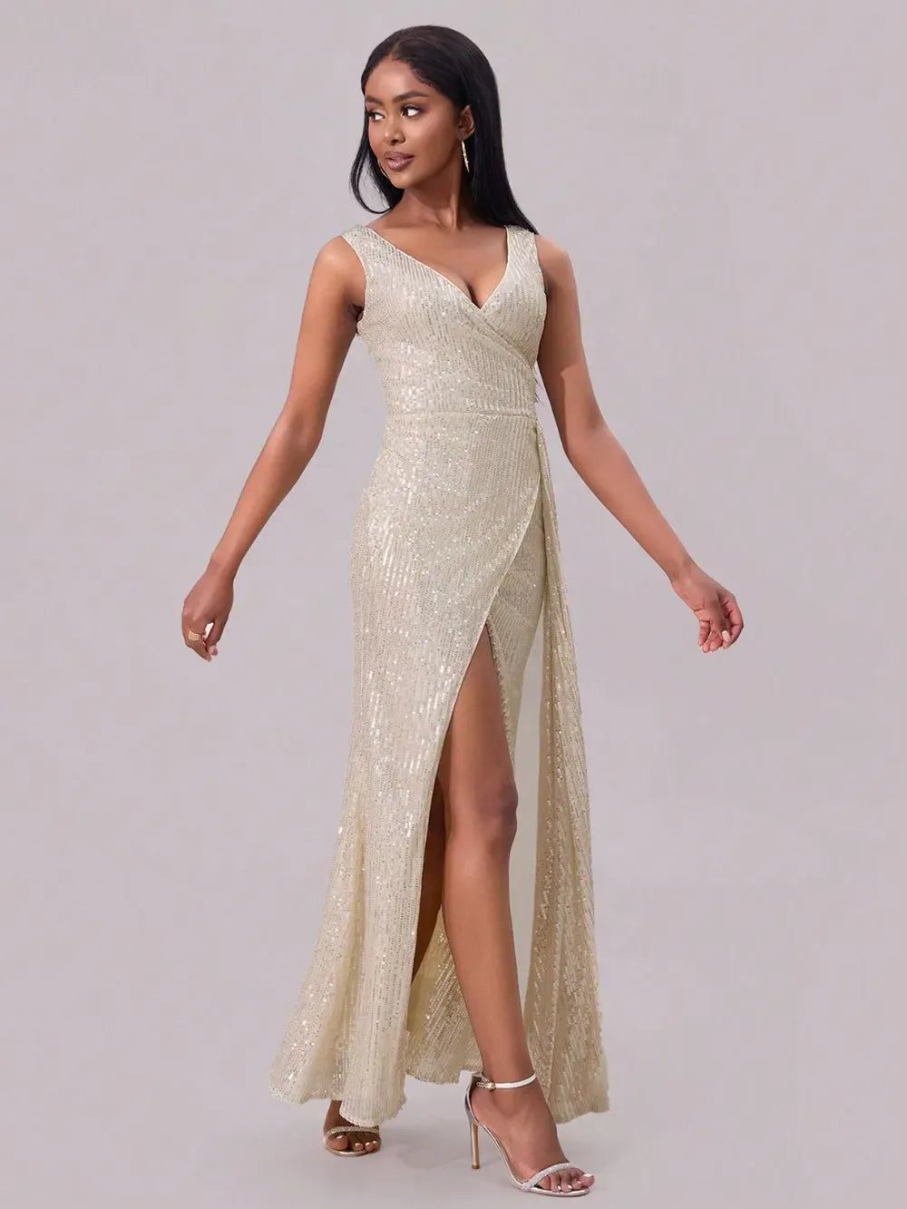 Fashorio Slit Sequin Surplice Sleeveless Maxi Dress