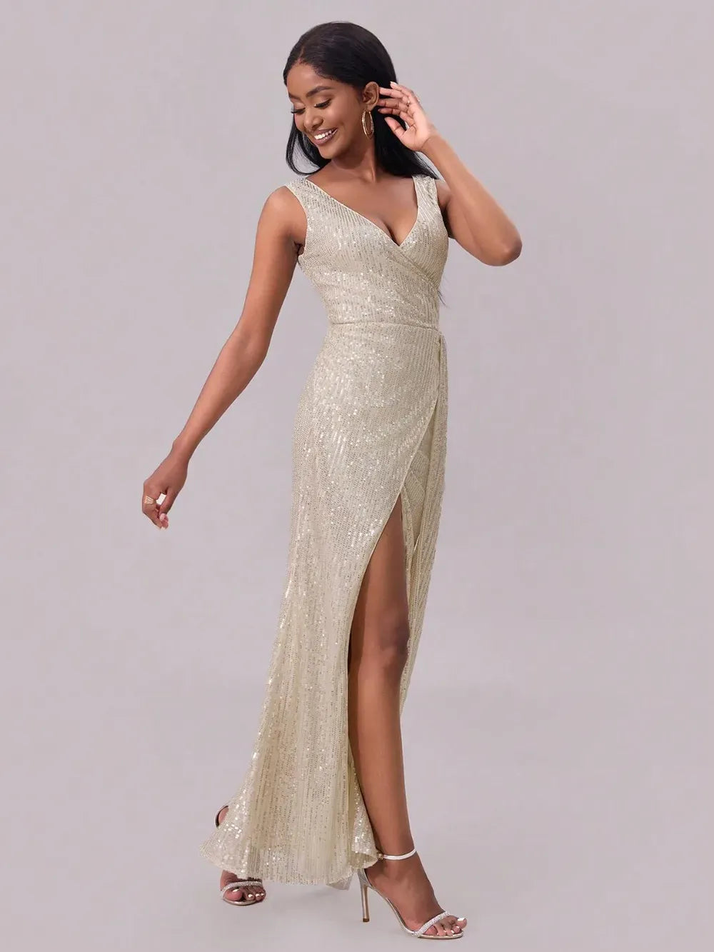 Fashorio Slit Sequin Surplice Sleeveless Maxi Dress