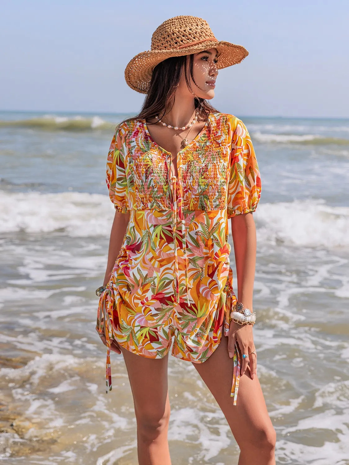 Fashorio Smocked Printed Tie Neck Romper