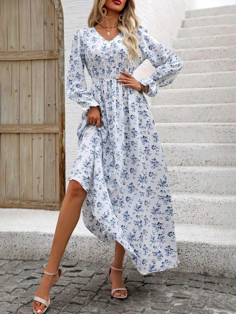 Fashorio Smocked Printed V-Neck Flounce Sleeve Dress