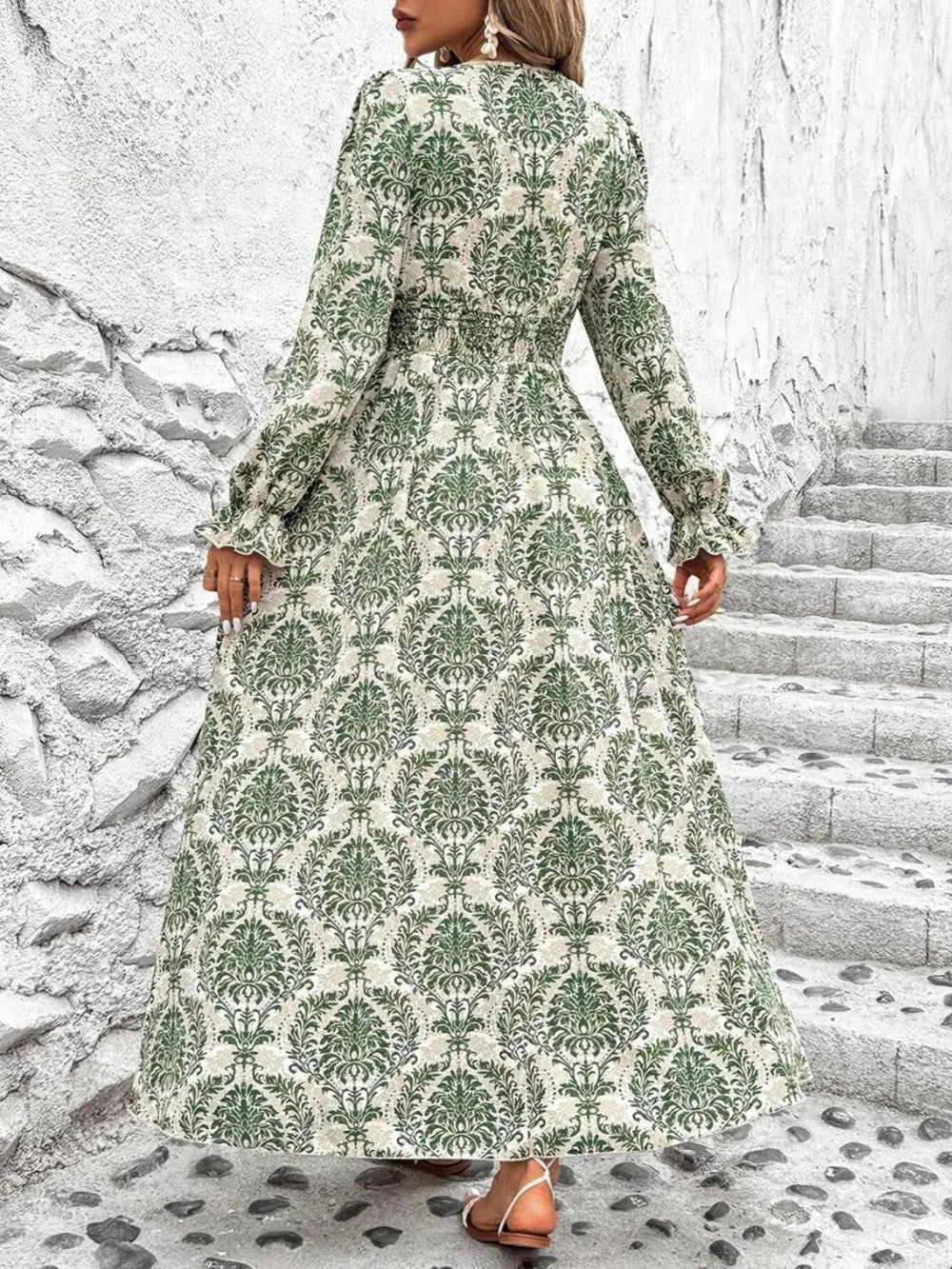 Fashorio Smocked Printed V-Neck Flounce Sleeve Dress