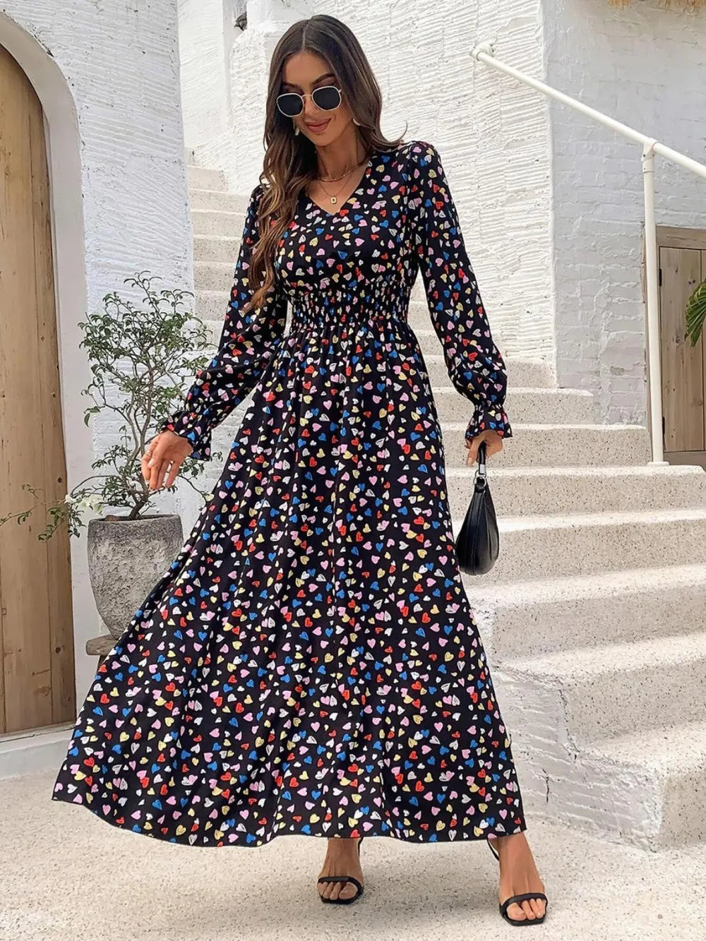 Fashorio Smocked Printed V-Neck Flounce Sleeve Dress