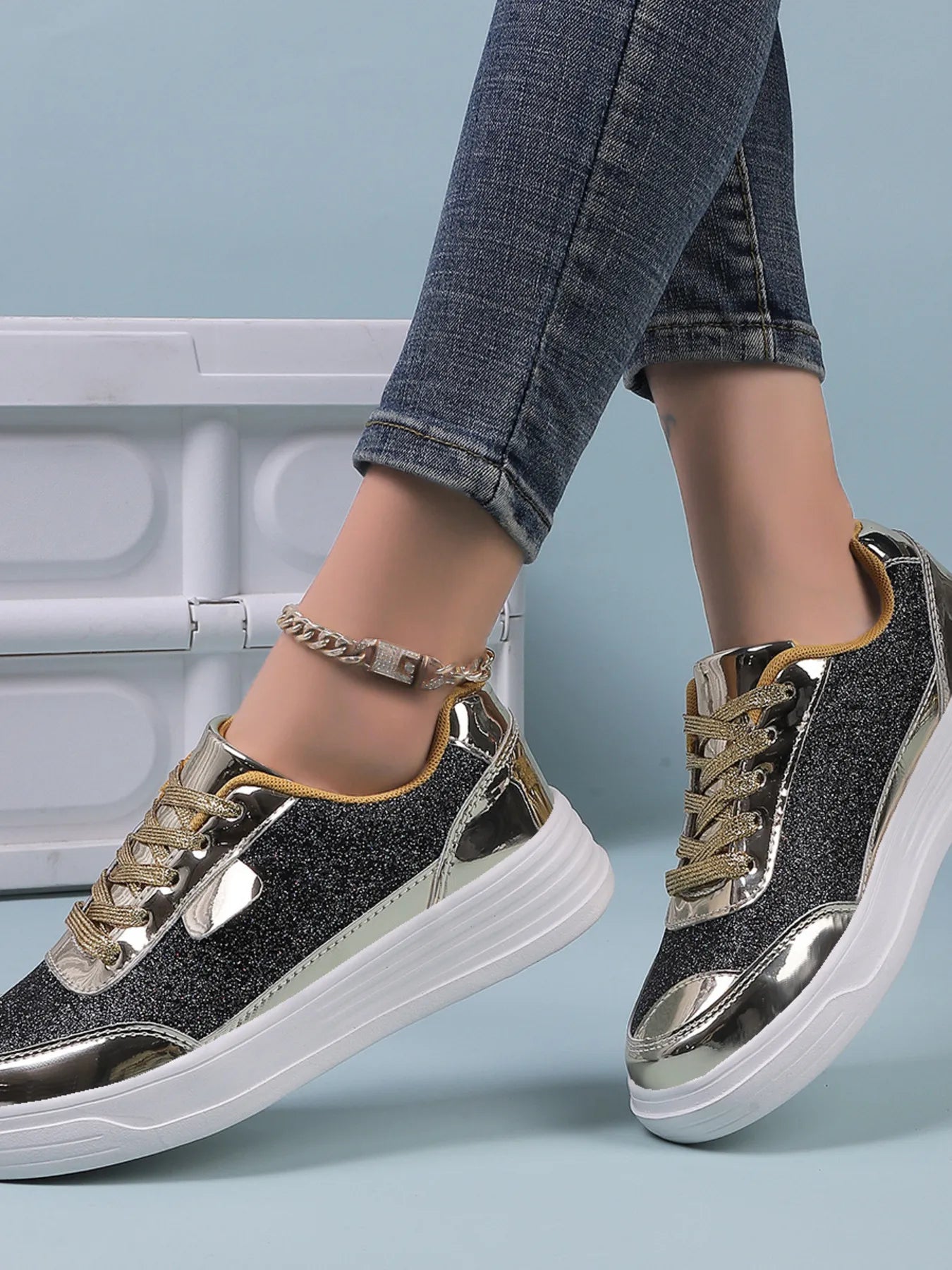 Fashorio Sneakers Glitter Metallic Platform Sneakers