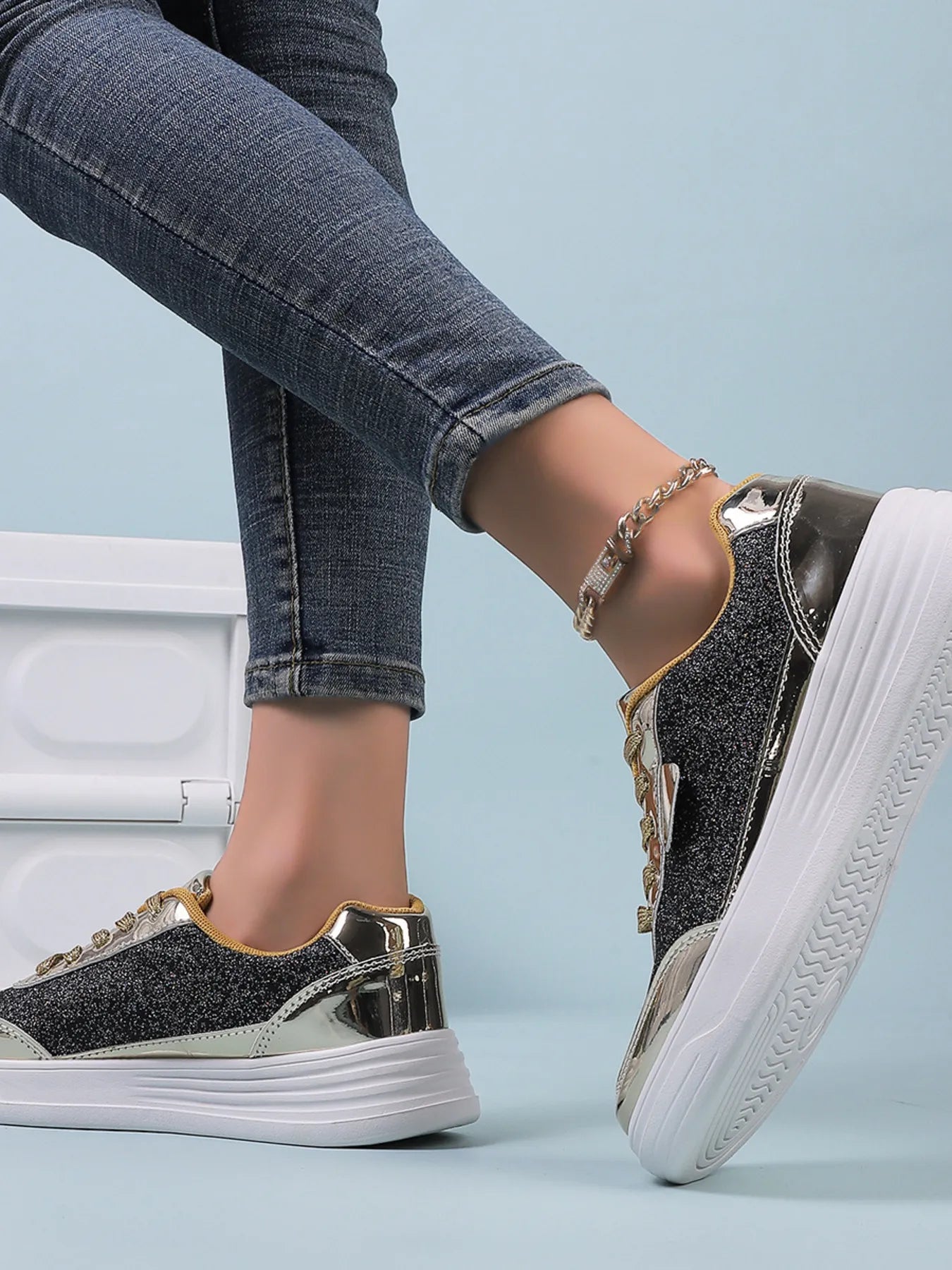 Fashorio Sneakers Glitter Metallic Platform Sneakers