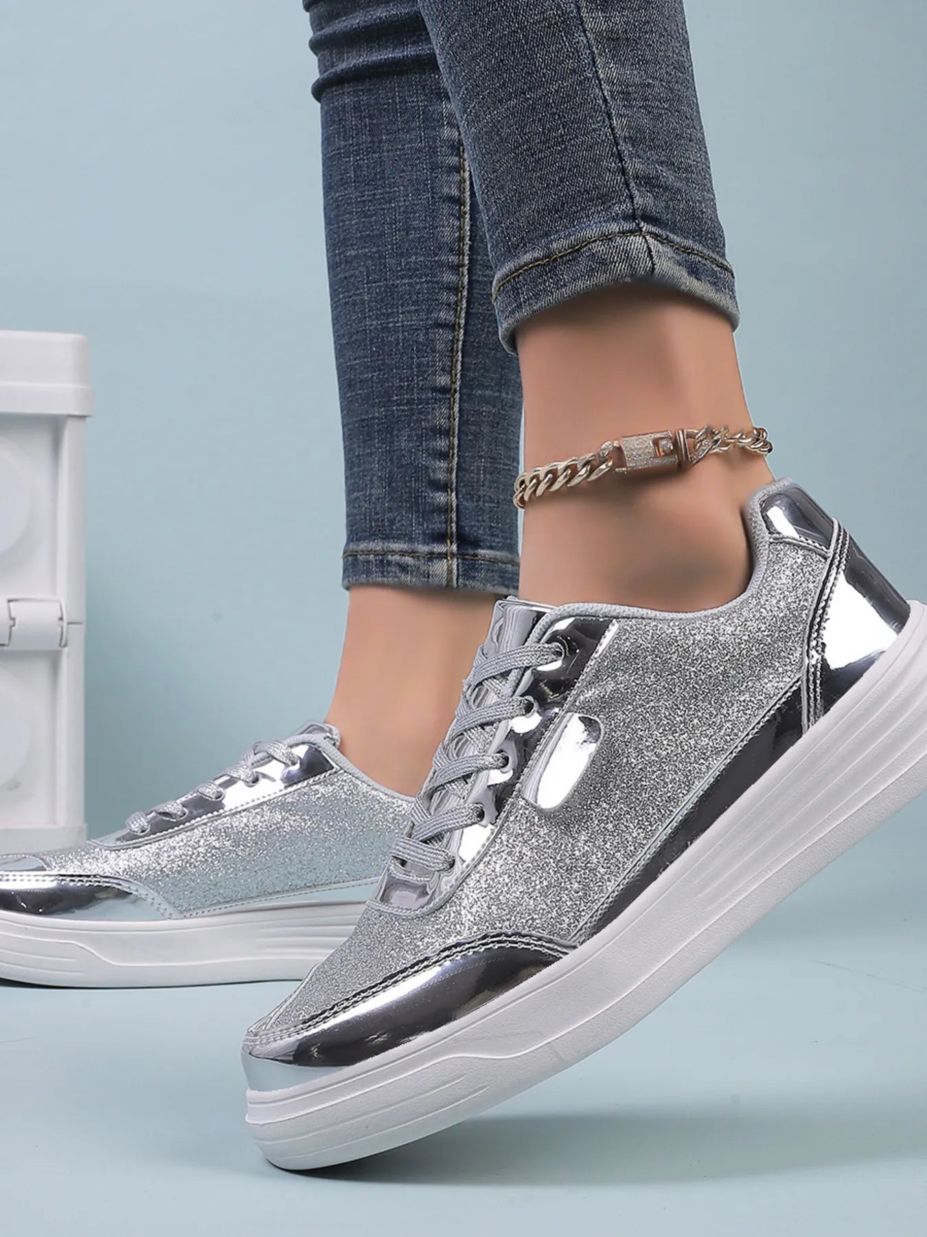 Fashorio Sneakers Glitter Metallic Platform Sneakers
