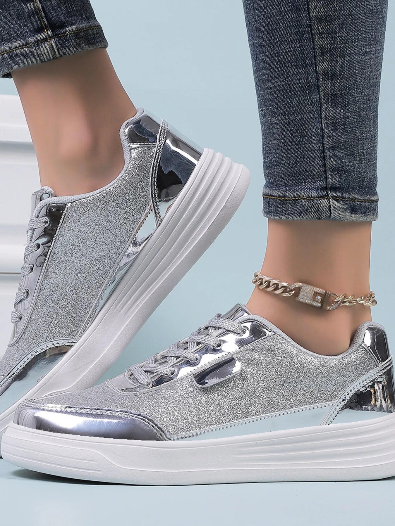 Fashorio Sneakers Glitter Metallic Platform Sneakers