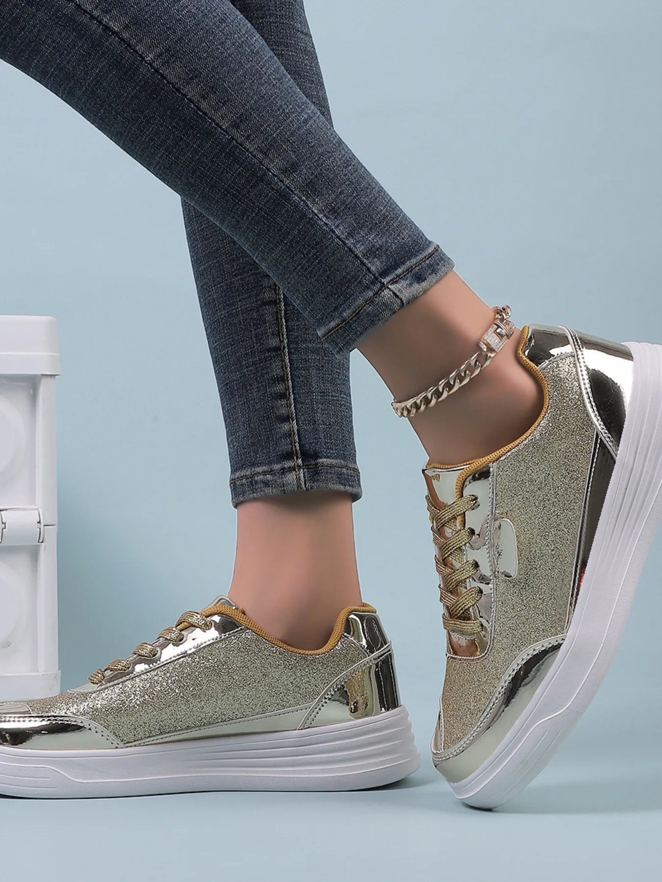 Fashorio Sneakers Glitter Metallic Platform Sneakers