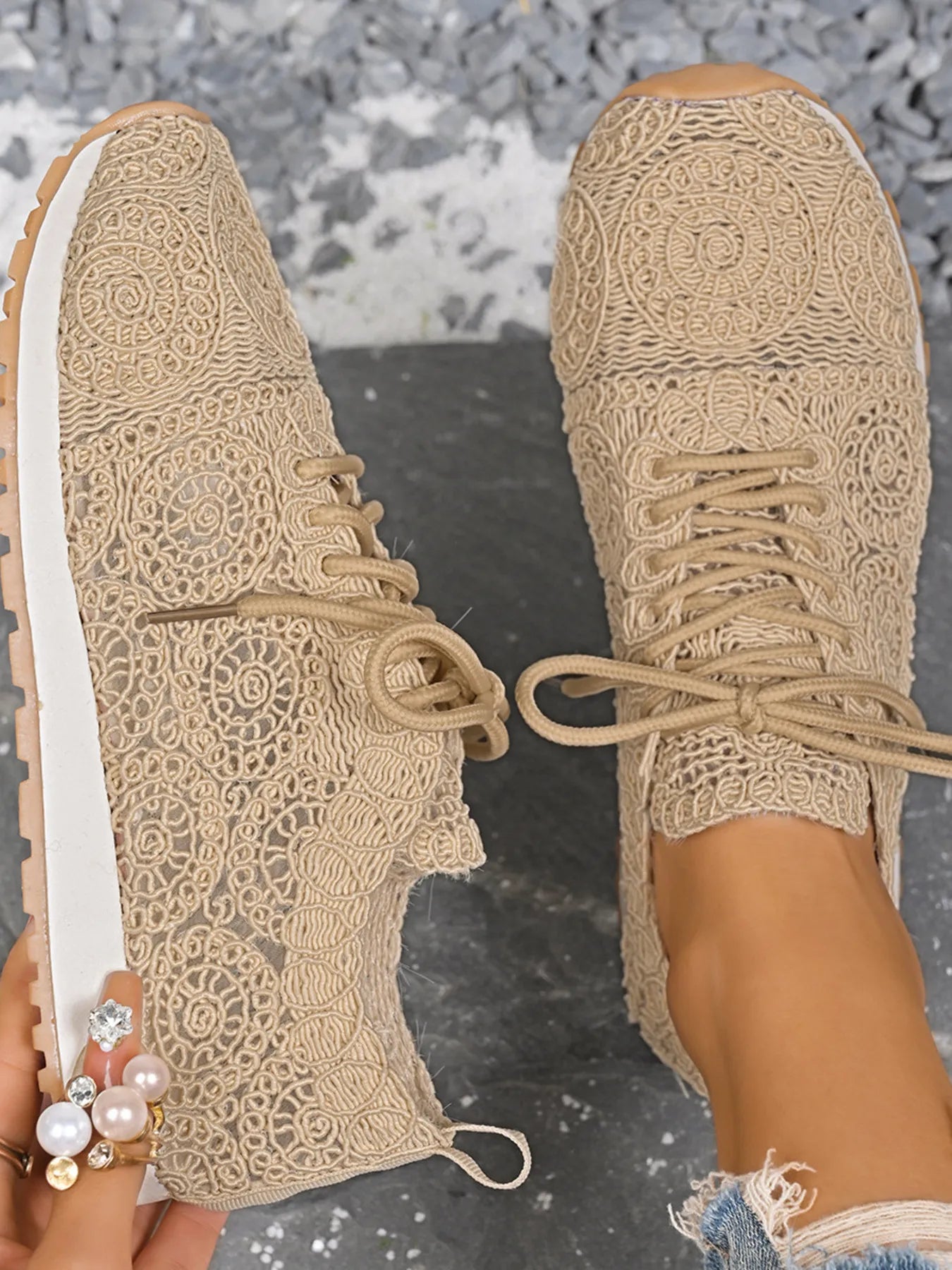 Fashorio Sneakers Gold / 36 Mesh Lace Up Sneakers
