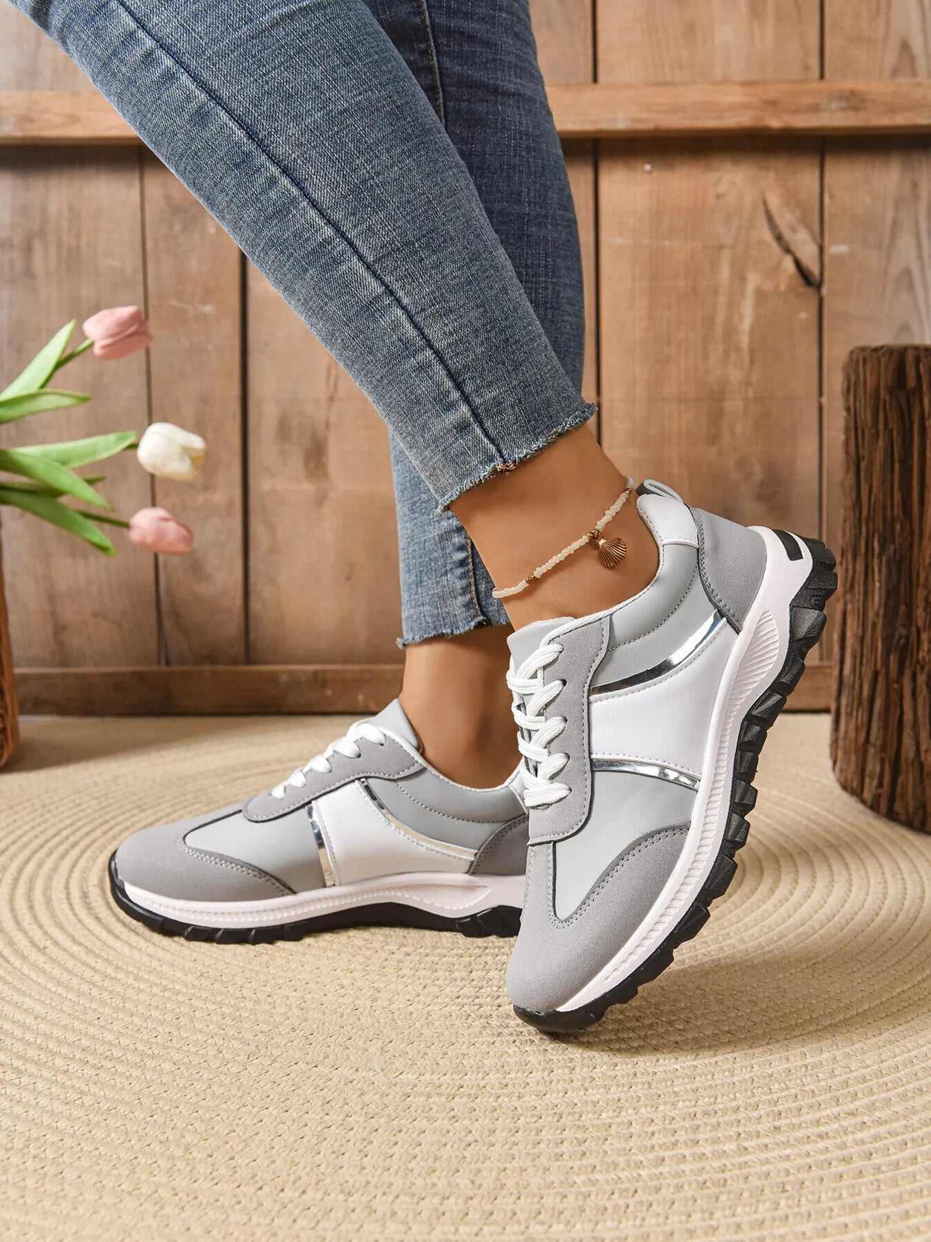 Fashorio Sneakers Light Gray / 36 Contrast Lace Up Sneakers