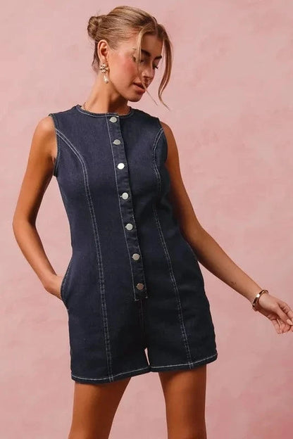SO ME Button Up Front Washed Denim Sleeveless Romper - Fashorio