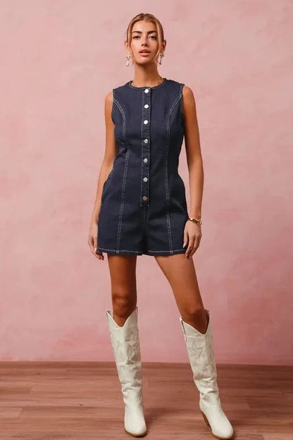 SO ME Button Up Front Washed Denim Sleeveless Romper - Fashorio