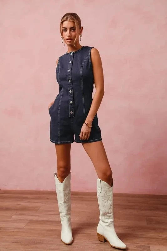 SO ME Button Up Front Washed Denim Sleeveless Romper - Fashorio