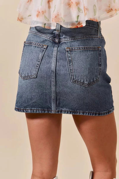SO ME Washed Denim Mini Skirt with Pockets - Fashorio
