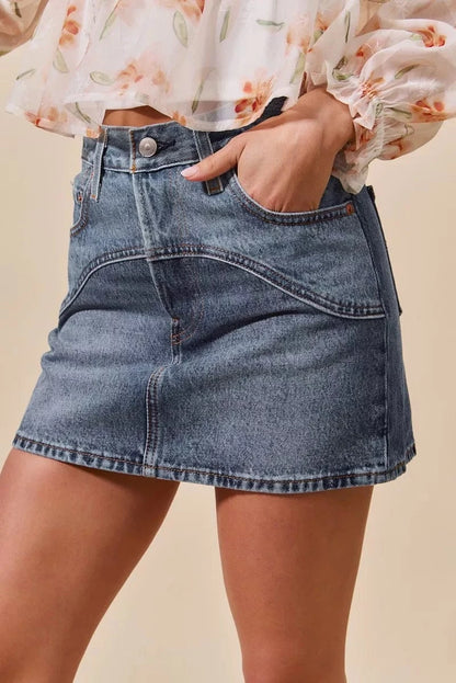 SO ME Washed Denim Mini Skirt with Pockets - Fashorio