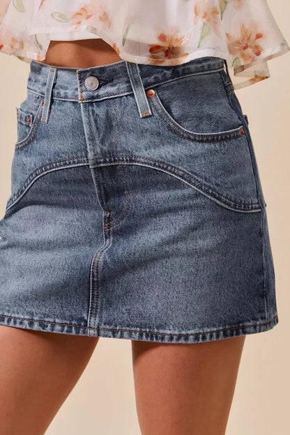 SO ME Washed Denim Mini Skirt with Pockets - Fashorio