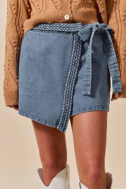SO ME Wrap Braided Trimmed Denim Skort - Fashorio