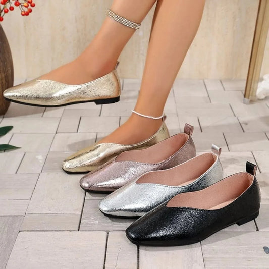 Sparkly Metallic Ballet Flat Loafers - Fashorio