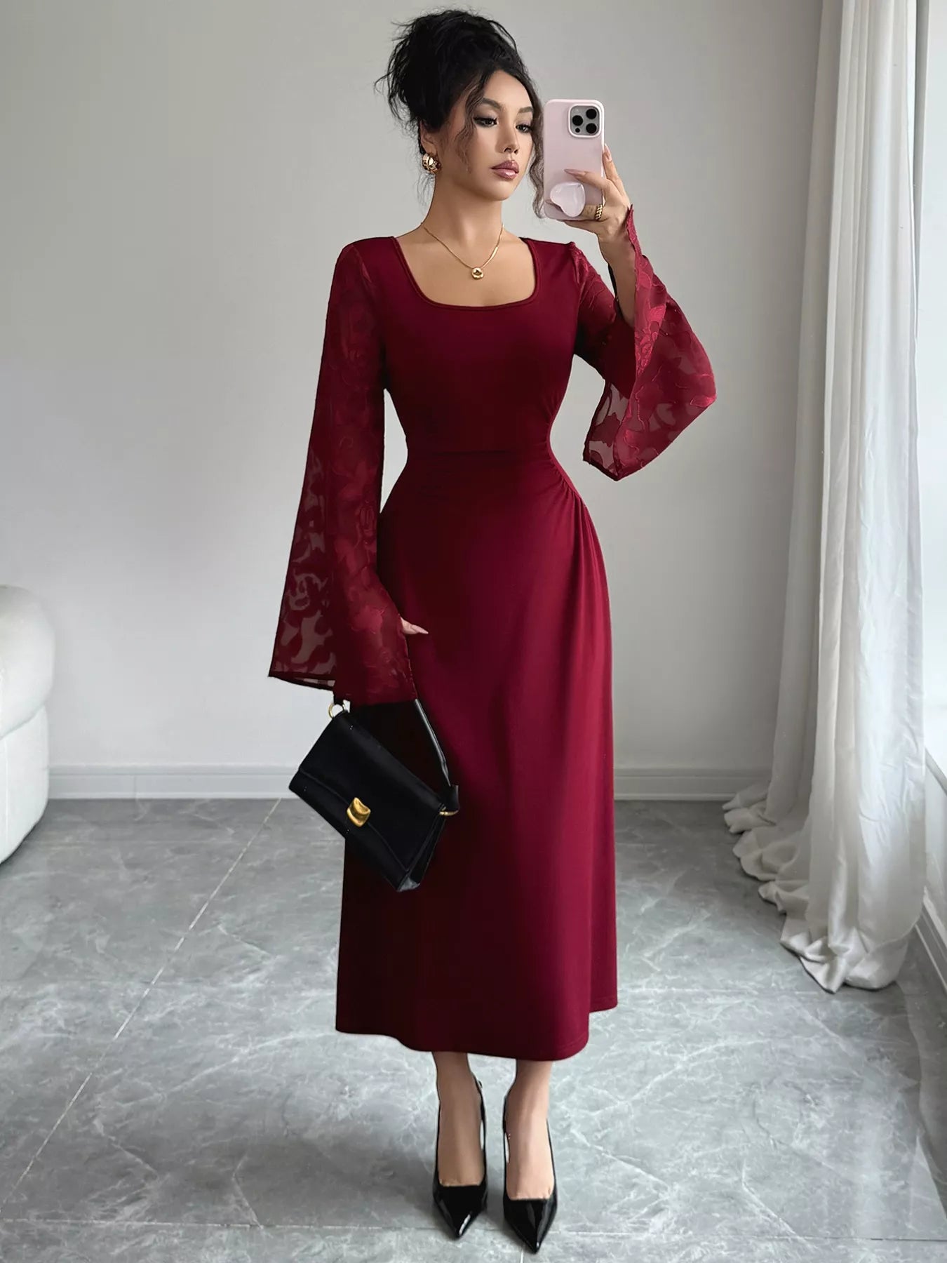 Fashorio Square Neck Flare Sleeve Midi Dress