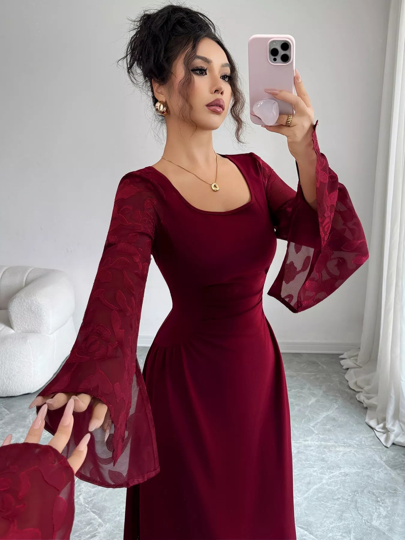 Fashorio Square Neck Flare Sleeve Midi Dress