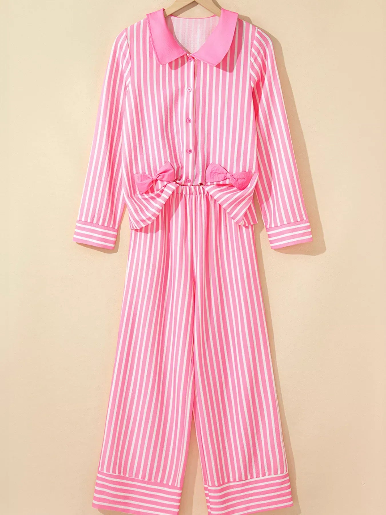 Fashorio Stripe Buttoned Front Long Sleeve Top and Pants 2 Piece Sleepwear