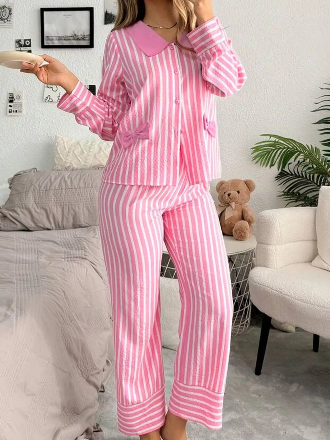 Fashorio Stripe Buttoned Front Long Sleeve Top and Pants 2 Piece Sleepwear