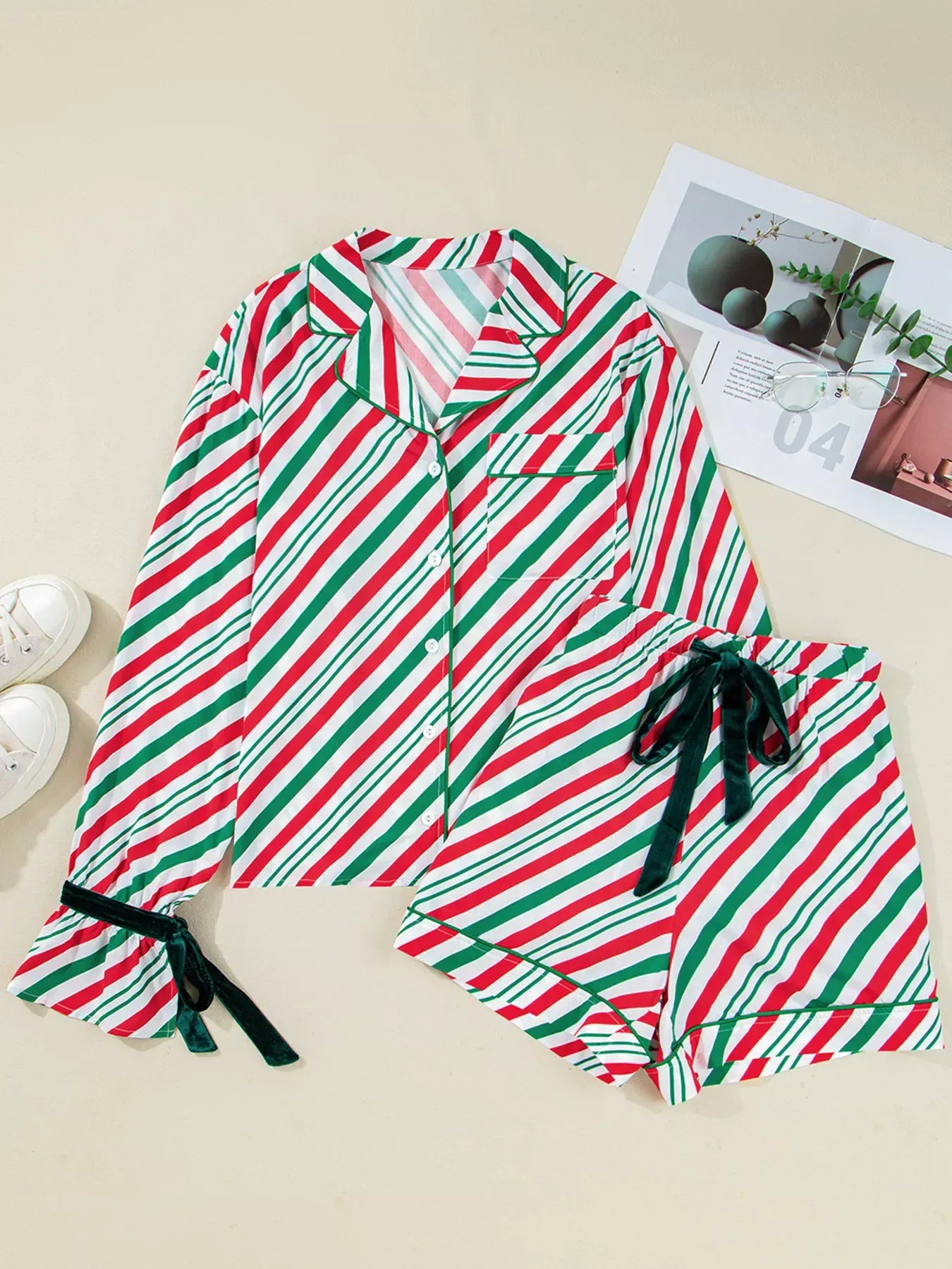 Fashorio Stripe Contrast Velvet Ribbon Knot Christmas 2pcs Pajama Set