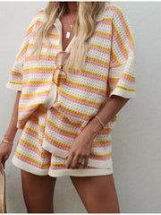 Fashorio Stripe / S Colorful Striped Button Up Top and Shorts Sweater Set