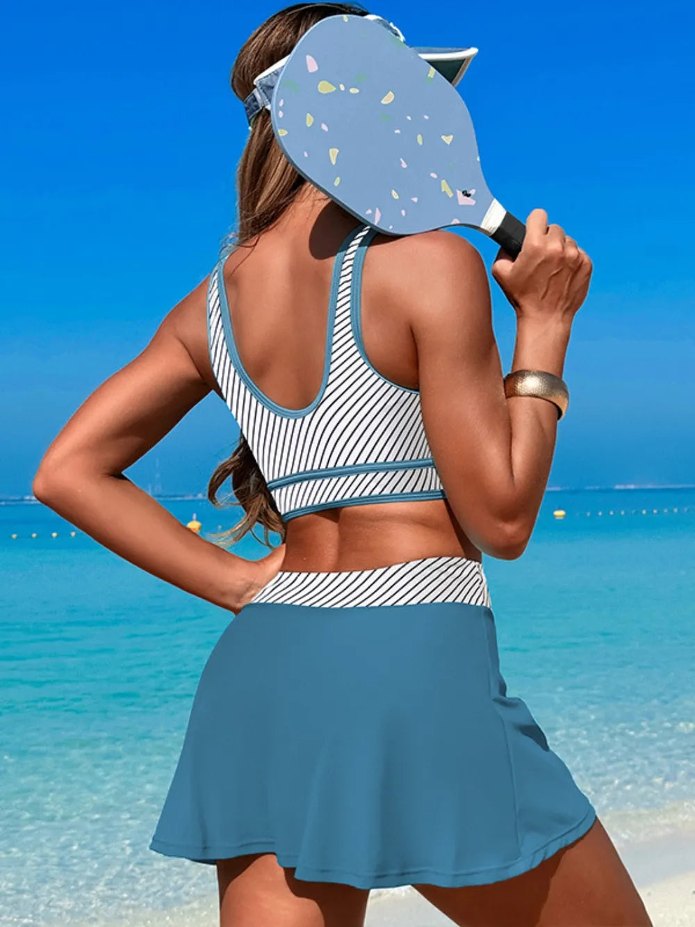 Fashorio Stripe / S Scoop Neck Top and Skort Swim Set