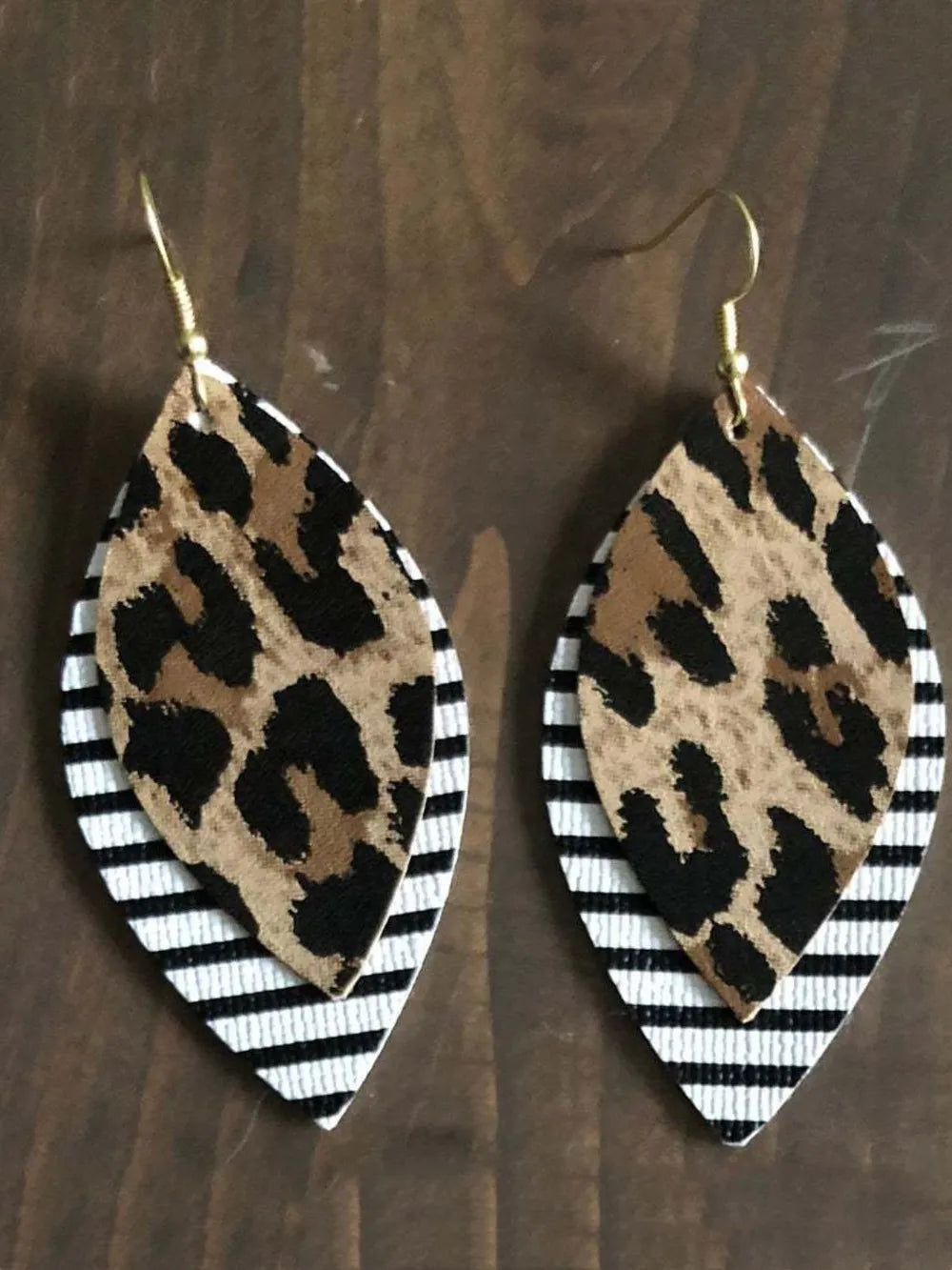 Fashorio Striped/Leopard / One Size PU Leather Leaf Dangle Earrings