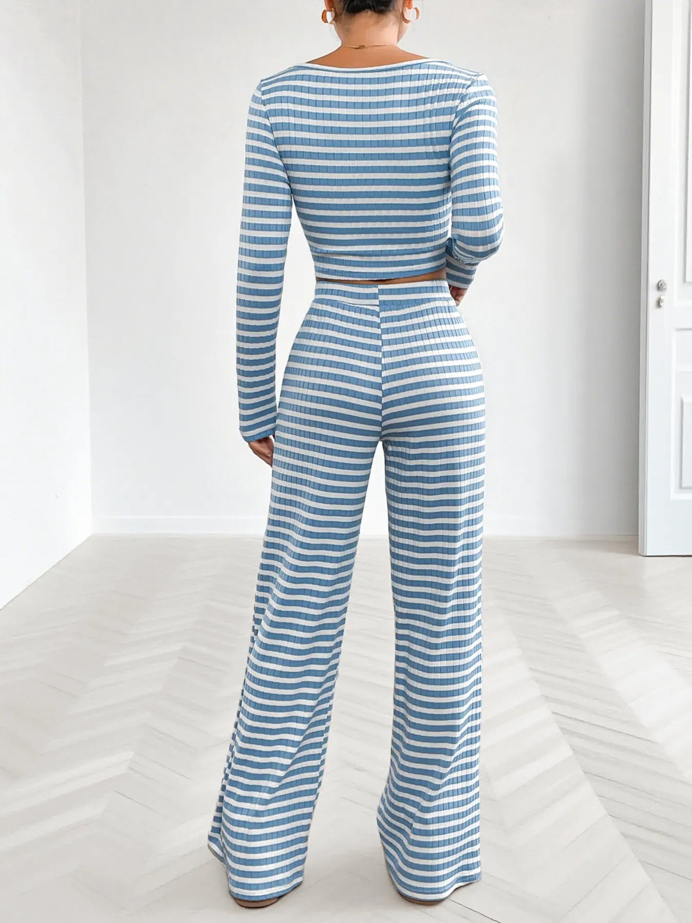 Fashorio Striped Square Neck Long Sleeve Top and Pants Lounge Set