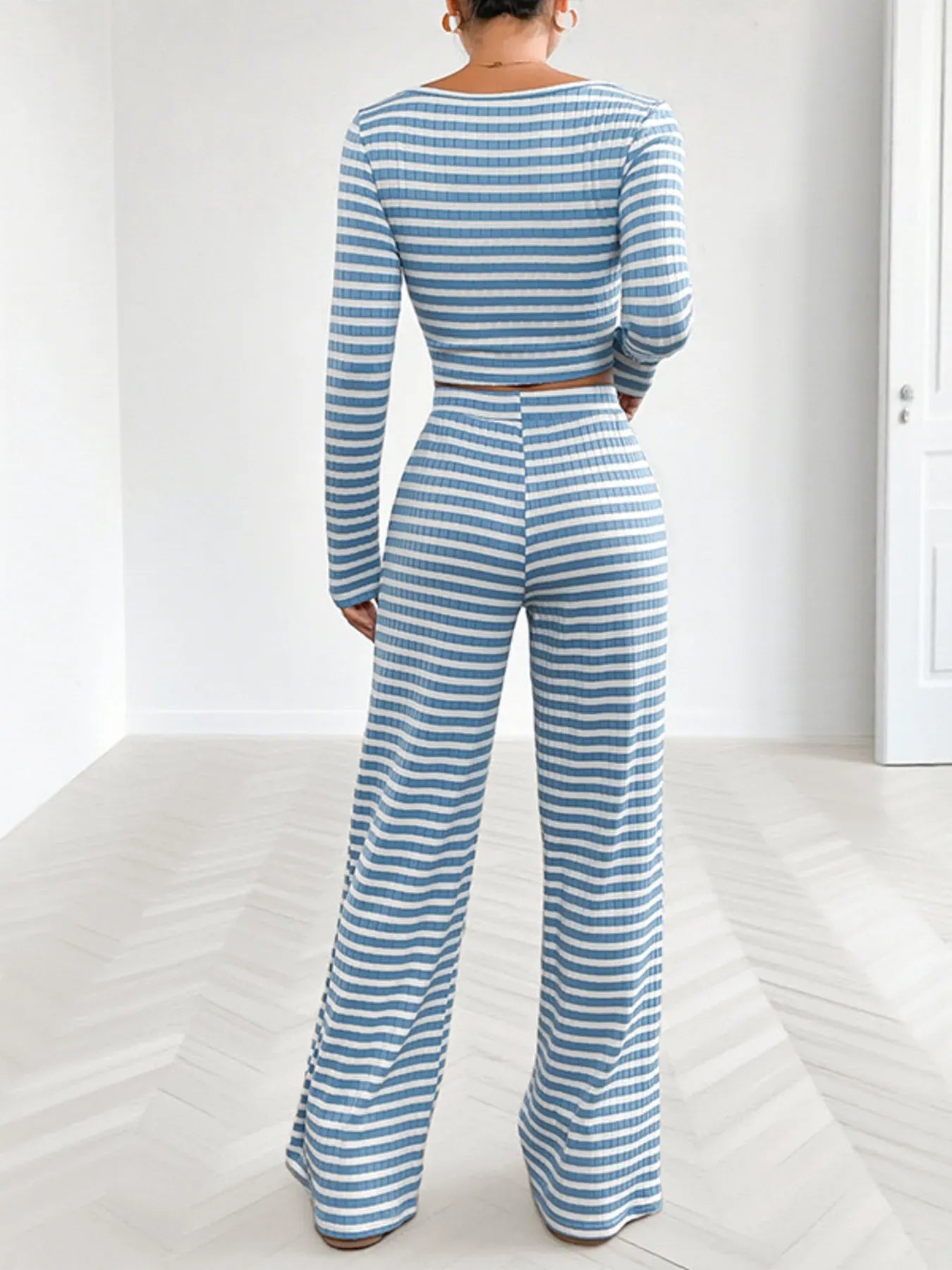 Fashorio Striped Square Neck Long Sleeve Top and Pants Lounge Set