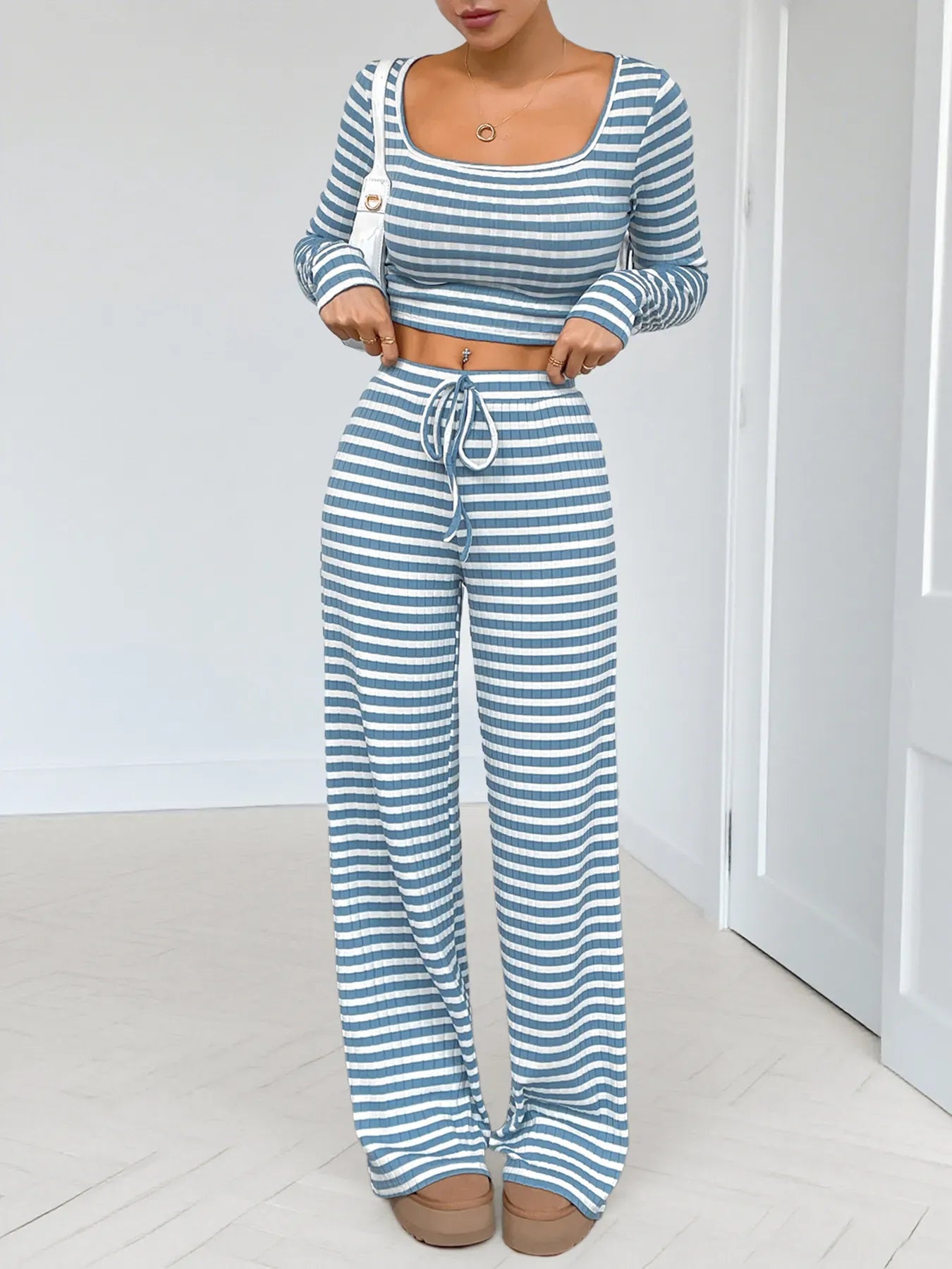 Fashorio Striped Square Neck Long Sleeve Top and Pants Lounge Set