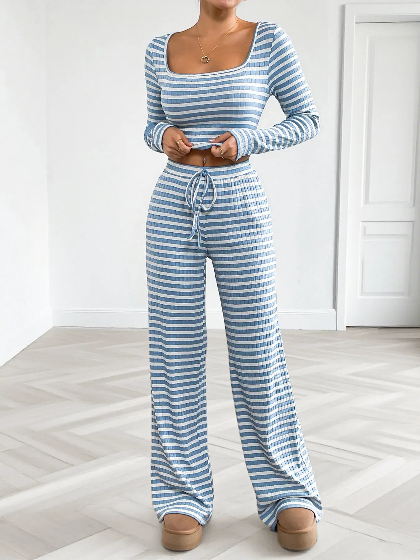 Fashorio Striped Square Neck Long Sleeve Top and Pants Lounge Set