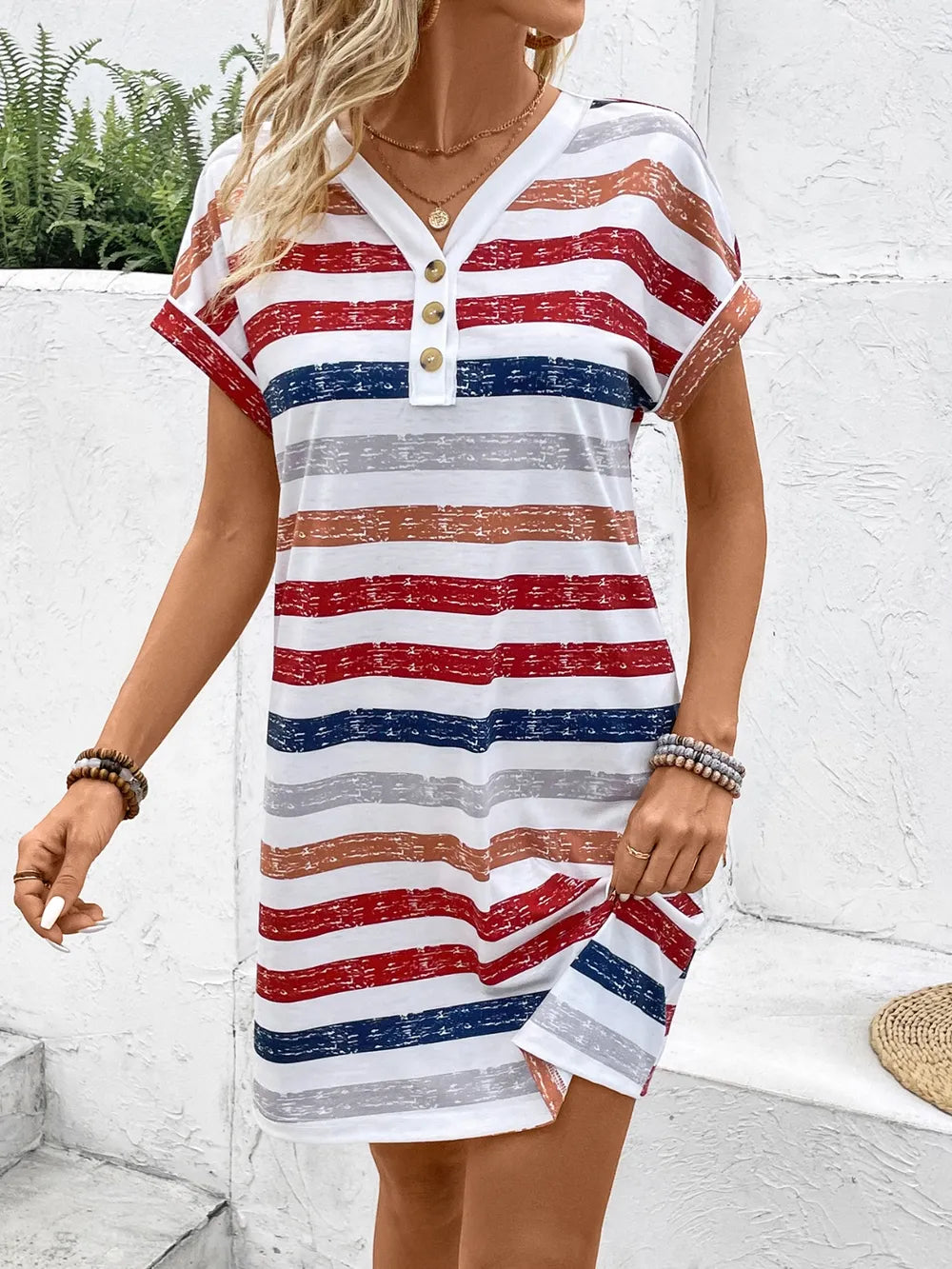 Fashorio Striped V-Neck Short Sleeve Dress