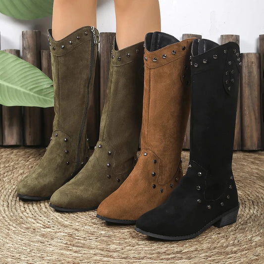 Studded Mid-Calf Boots with Side Zipper Closure - Fashorio