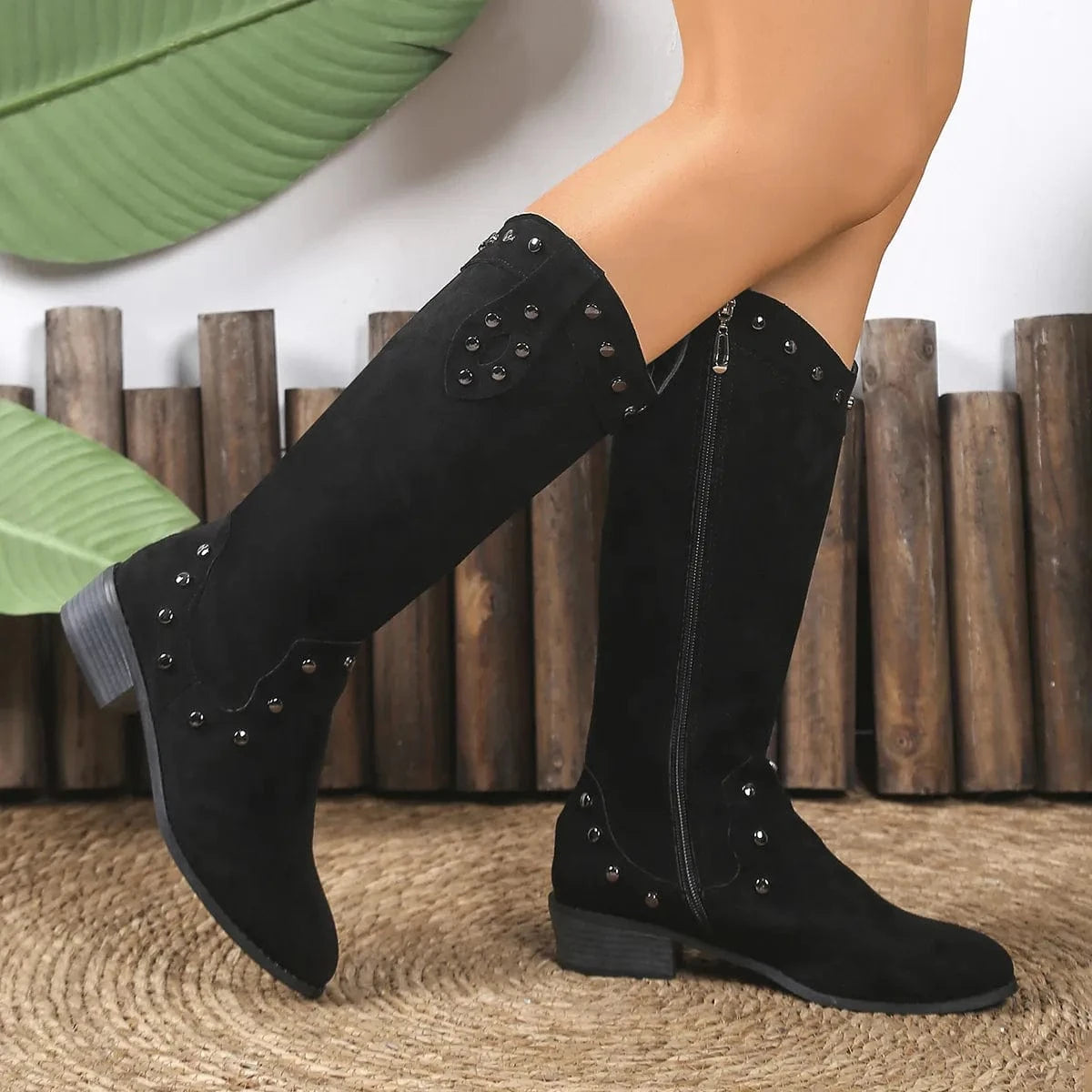 Fashorio Studded Mid-Calf Boots with Side Zipper Closure