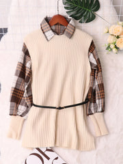 Fashorio Sweater Dresses Apricot / One Size Plaid Long Sleeve Sweater Dress
