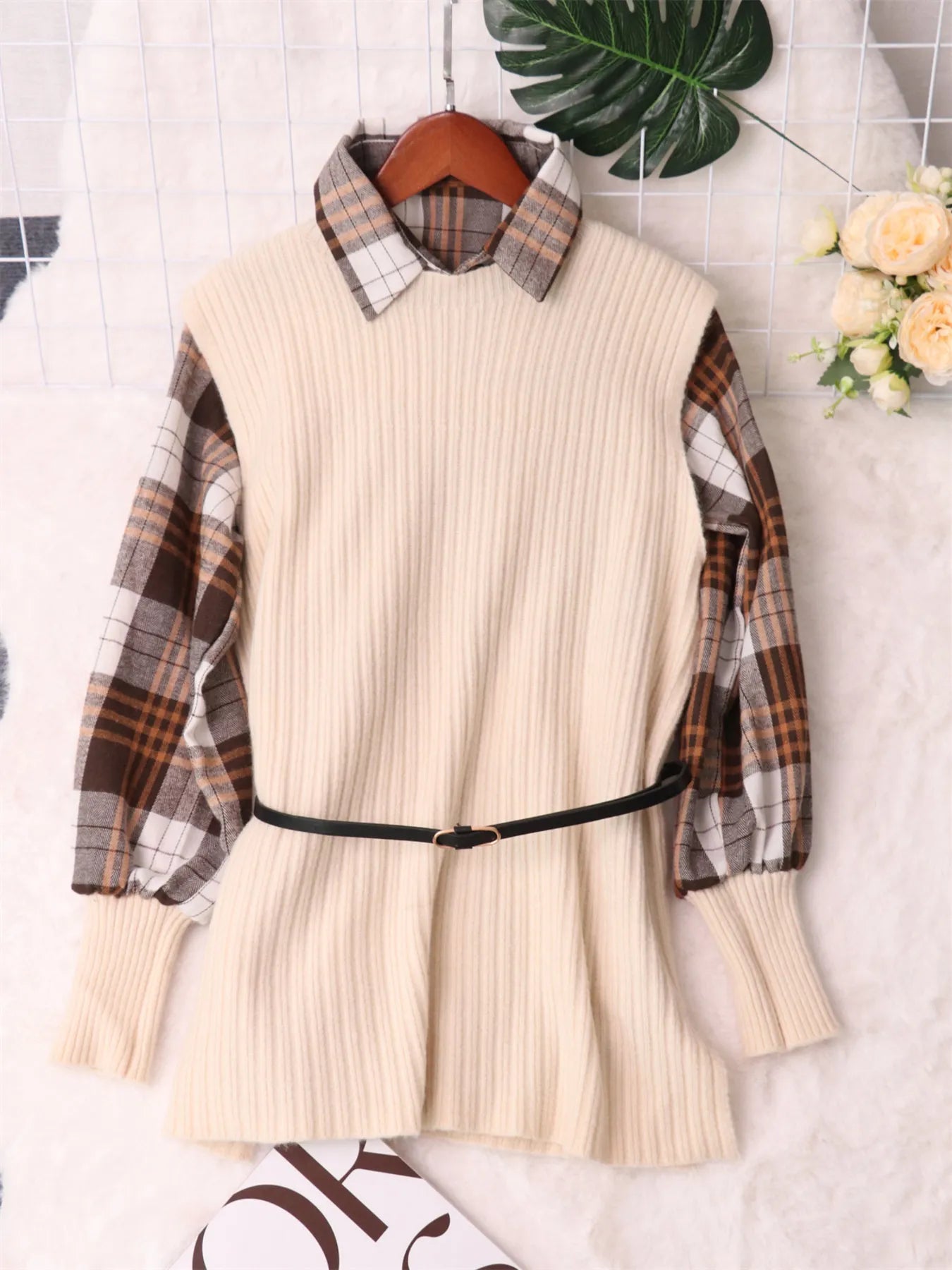 Fashorio Sweater Dresses Apricot / One Size Plaid Long Sleeve Sweater Dress