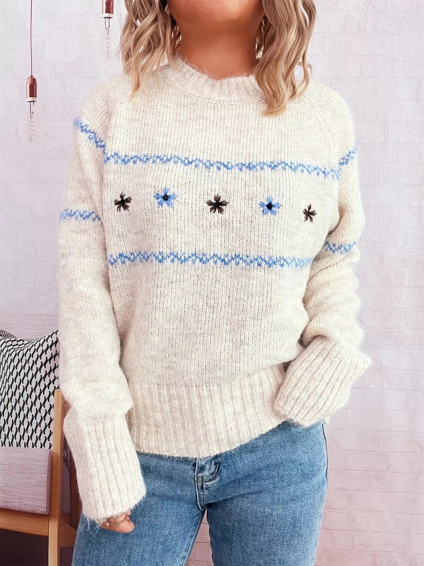 Fashorio Sweater Dresses Apricot / One Size Ribbed Hem Flower Long Sleeve Sweater