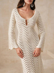 Fashorio Sweater Dresses Apricot / S Wave Openwork Crochet Maxi Knit Dress
