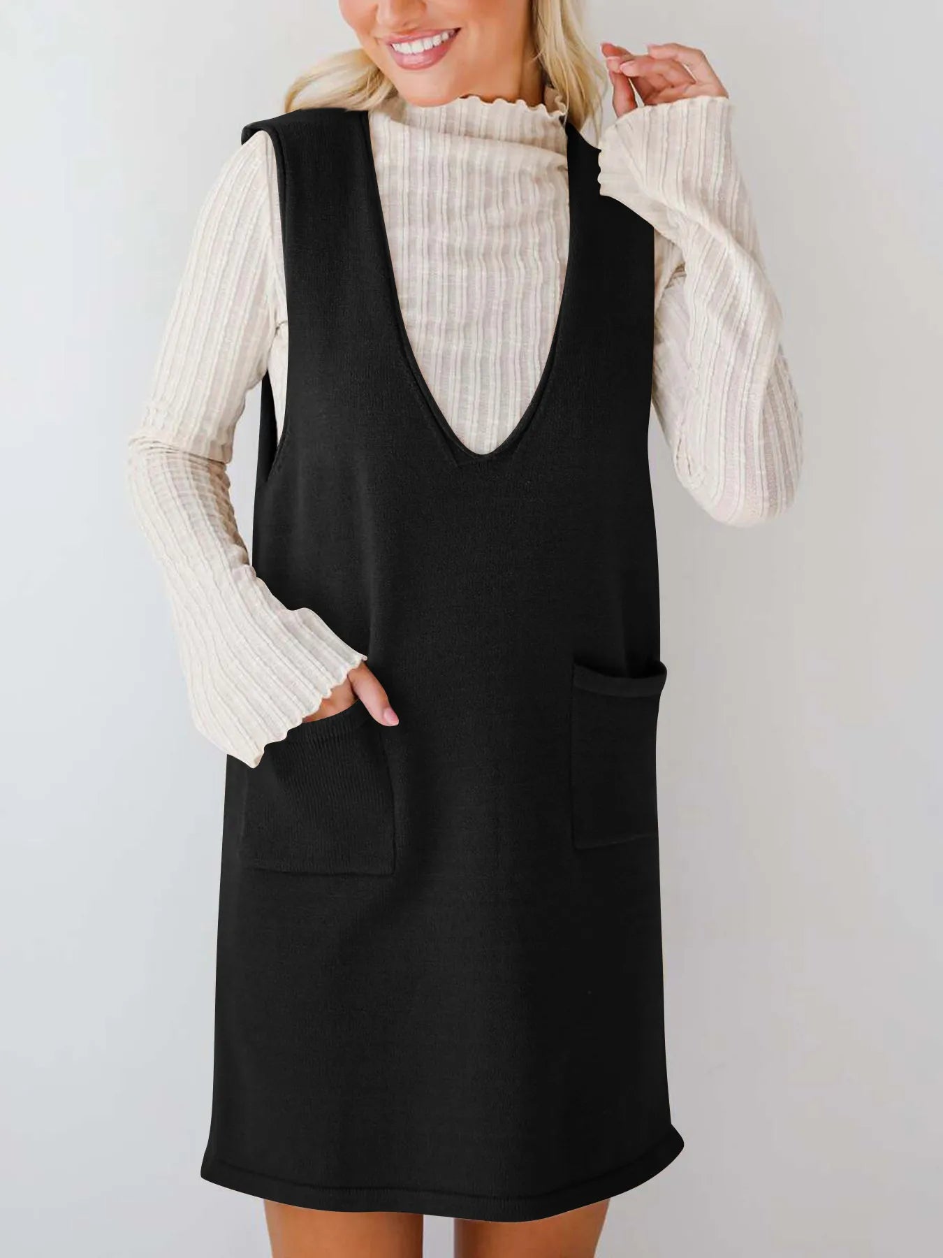 Fashorio Sweater Dresses Black / S Sleeveless Knit Dress with Pockets