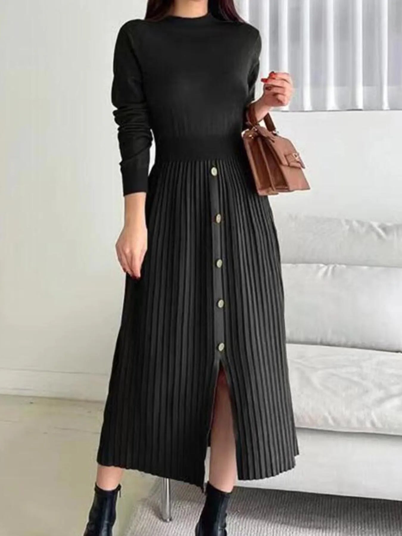 Fashorio Sweater Dresses Black / S Slit Front Mock Neck Long Sleeve Knit Dress
