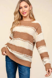 Fashorio Sweater Dresses Camel/Ivory / S Haptics Striped Contrast Distressed Sweater