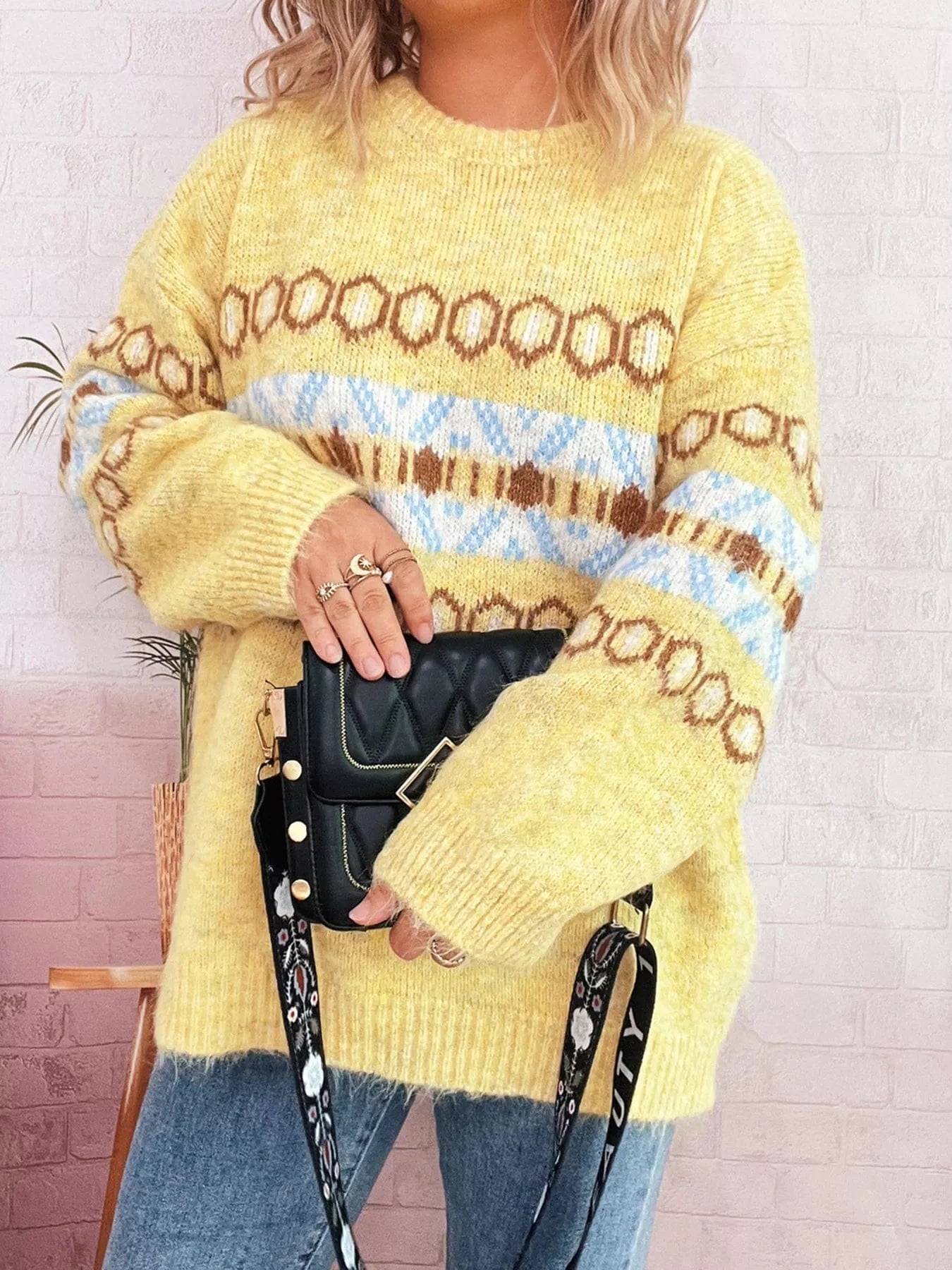 Fashorio Sweater Dresses Contrast Round Neck Drop Shoulder Sweater