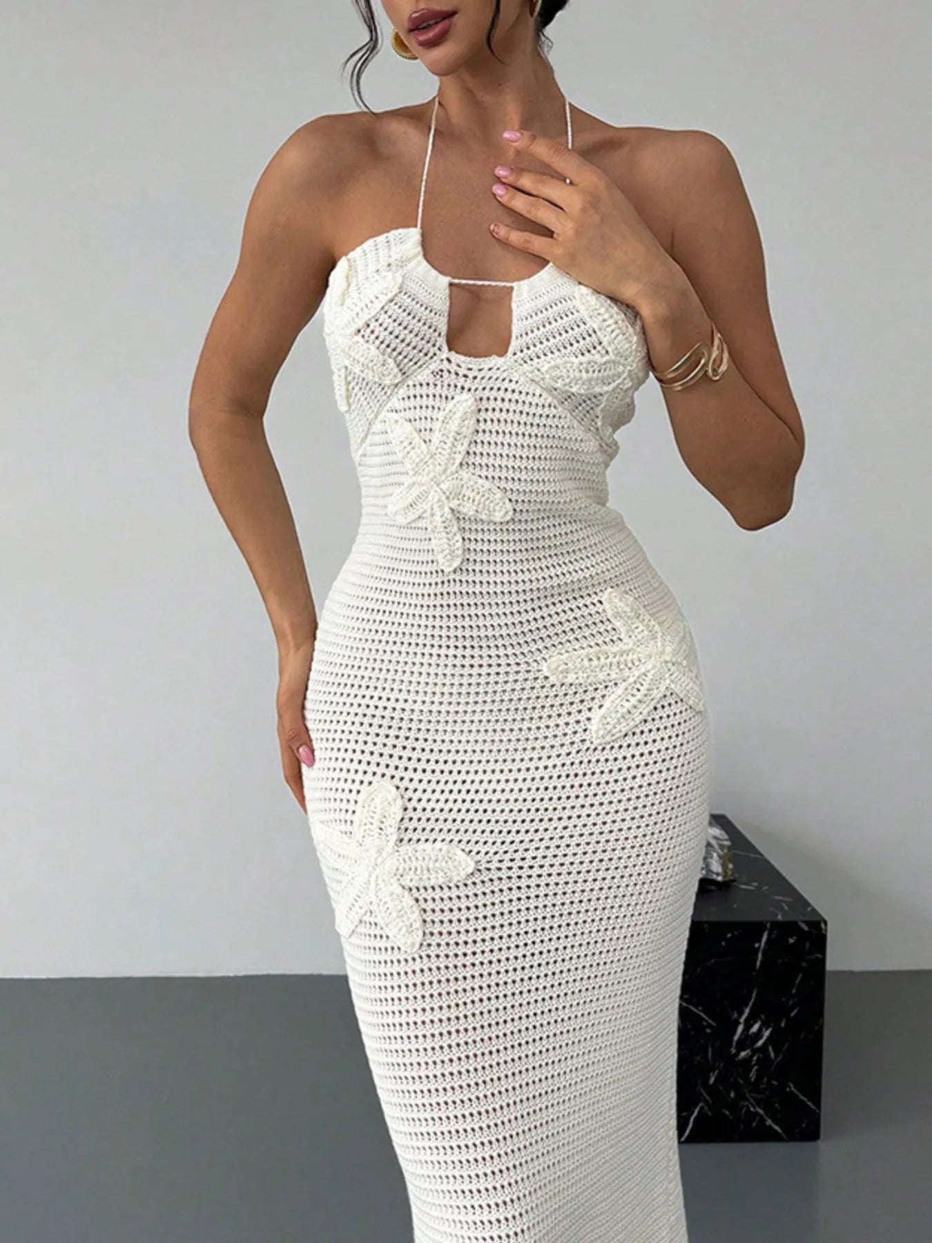 Fashorio Sweater Dresses Crochet Backless Midi Knit Dress