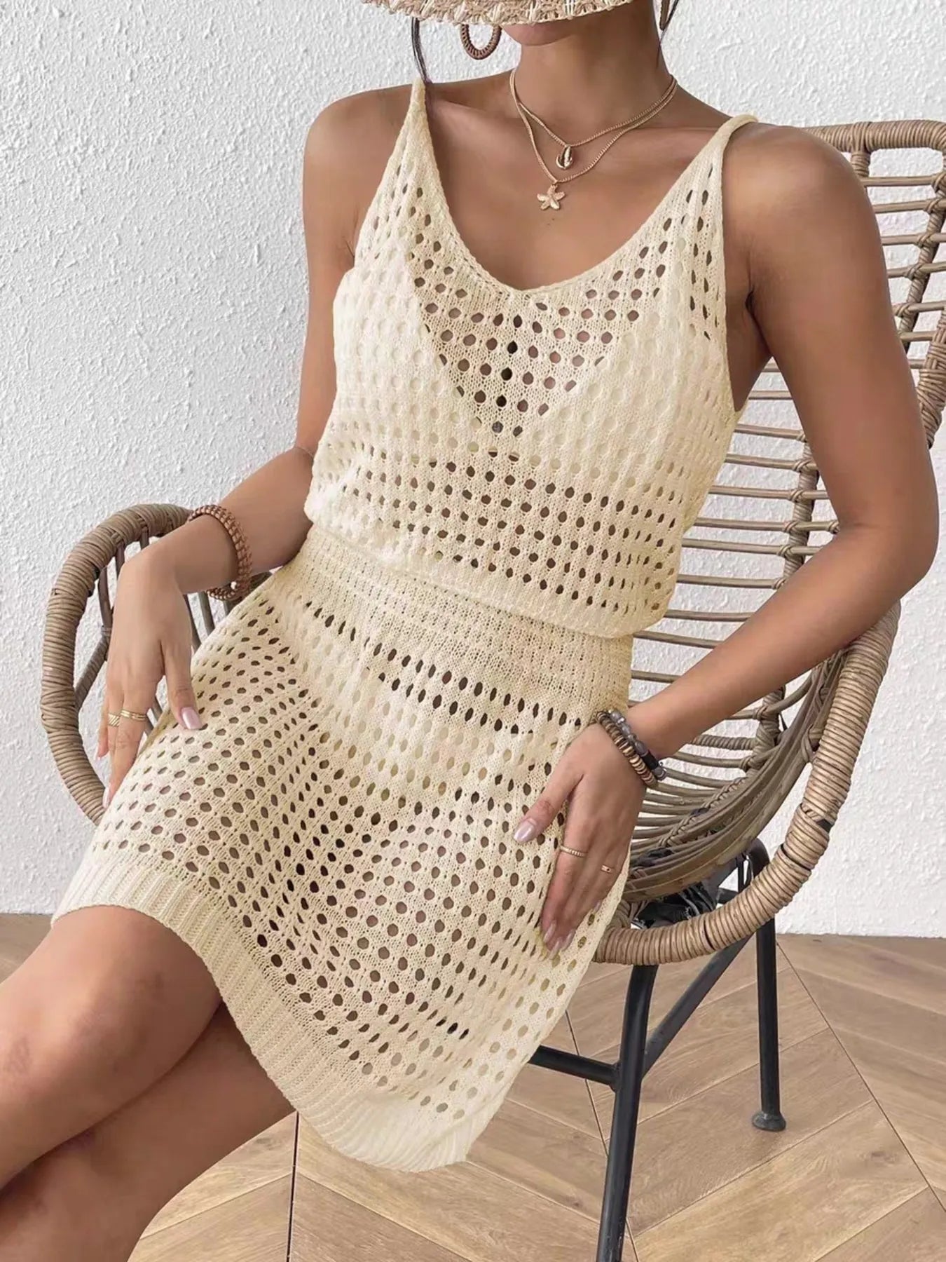 Fashorio Sweater Dresses Crochet Sleeveless Knit Cover Up Dress