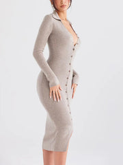 Fashorio Sweater Dresses Dust Storm / S Button Front Long Sleeve Sweater Dress