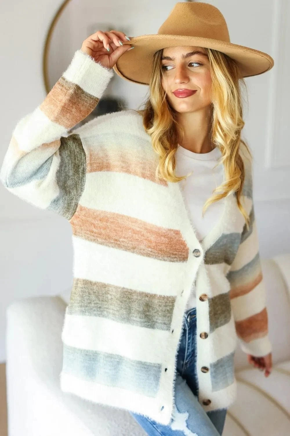 Fashorio Sweater Dresses Ivory/Rust/Olive / S Haptics Full Size Button Down Stripe Soft Fuzzy Sweater Cardigan