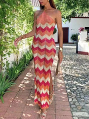 Fashorio Sweater Dresses Orange Red / S Chevron Pattern Halter Neck Sweater Dress